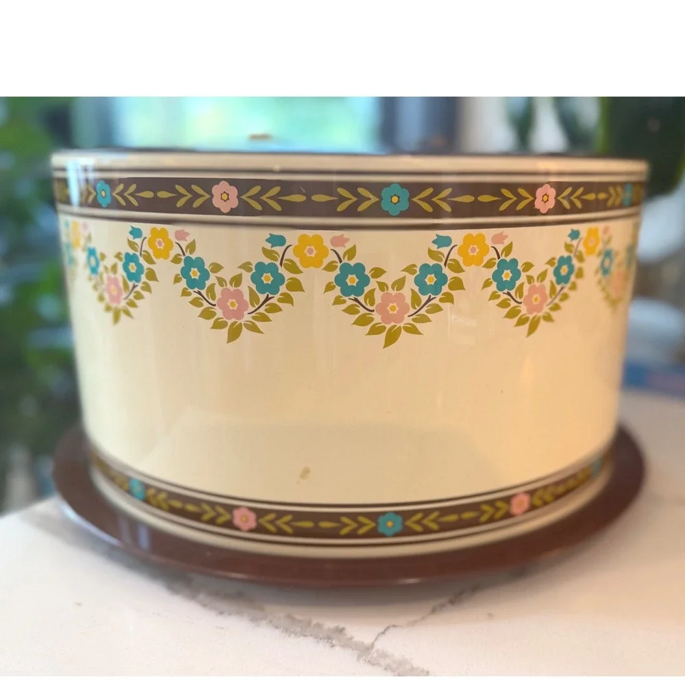 Vintage 1960s Ballonoff Metal Cake Carrier Brown Cream Floral Tin Retro Kitchen